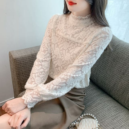 Mock Neck Blouse with Faux Pearl Accents and Frill Lace