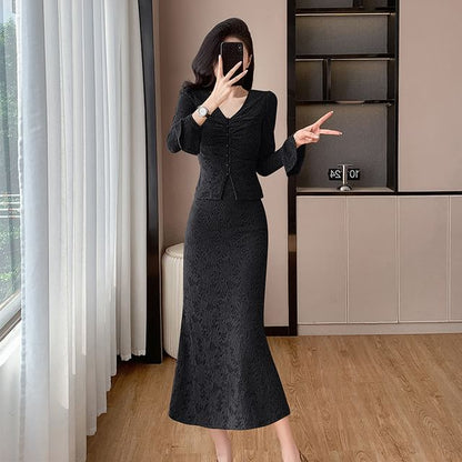 Coordinated Lace Set: V-Neck Button-Up Top and Midi Skirt