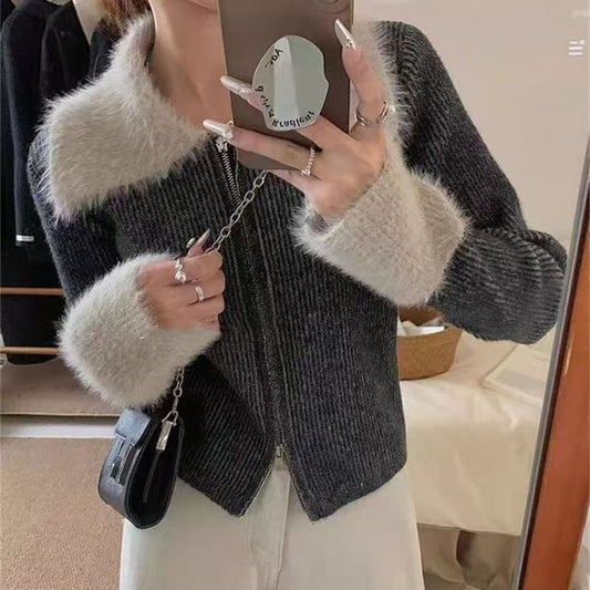 Long Sleeve Faux Fur Panel Ribbed-Knit Zip-Up Cardigan