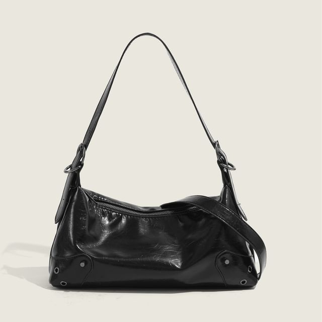 Faux Leather Washed Grommet Shoulder Bag