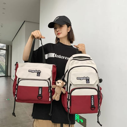 Two Tone Lettering Print Nylon Tote Bag / Laptop Backpack / Bag Charm / Set