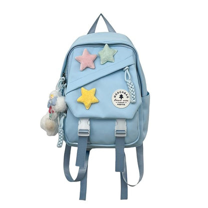 Lettering Applique Nylon Laptop Backpack / Star Badge / Bag Charm / Set