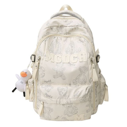 Bear Print Lettering Applique Nylon Laptop Backpack / Tote Bag / Bag Charm / Set