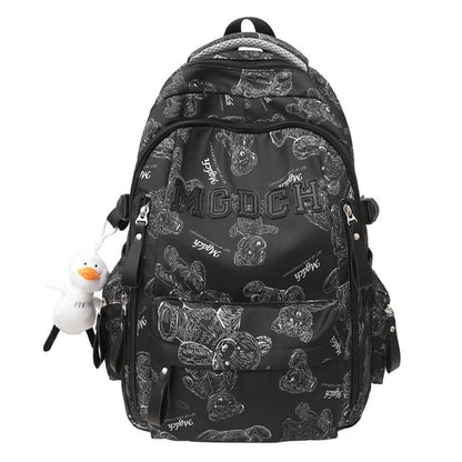 Bear Print Lettering Applique Nylon Laptop Backpack / Tote Bag / Bag Charm / Set
