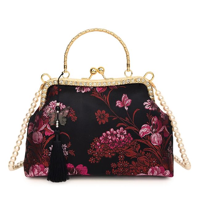 Faux Pearl Strap Kiss Lock Floral Embroidered Tassel Crossbody Bag
