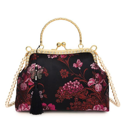 Faux Pearl Strap Kiss Lock Floral Embroidered Tassel Crossbody Bag