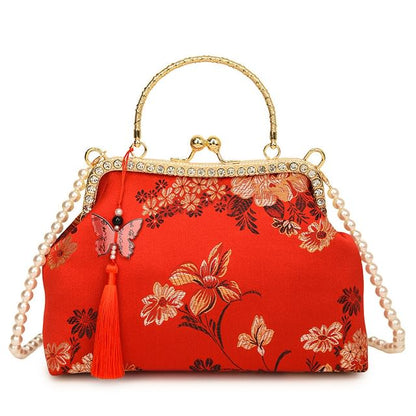 Faux Pearl Strap Kiss Lock Floral Embroidered Tassel Crossbody Bag