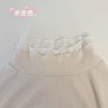 Mock Neck Long-Sleeve Knit Top with Lace Accents