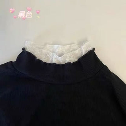 Mock Neck Long-Sleeve Knit Top with Lace Accents