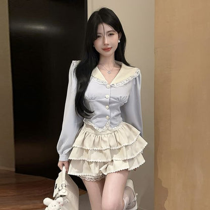 Contrast Collar Blouse with Lace Trim and Tiered Mini Skirt