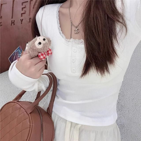 Scoop Neck Lace Trim Fitted Long Sleeve Top