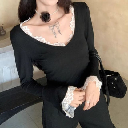Flared Sleeve Lace Trim Fitted V-Neck Top