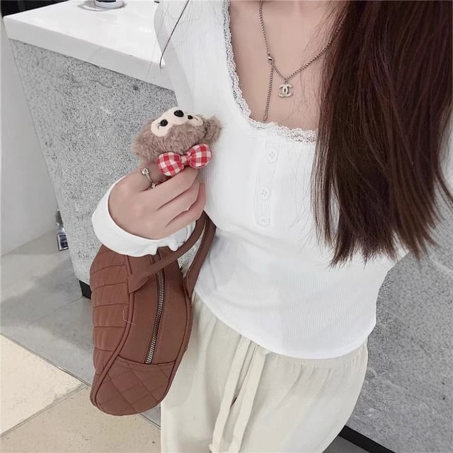 Scoop Neck Lace Trim Fitted Long Sleeve Top