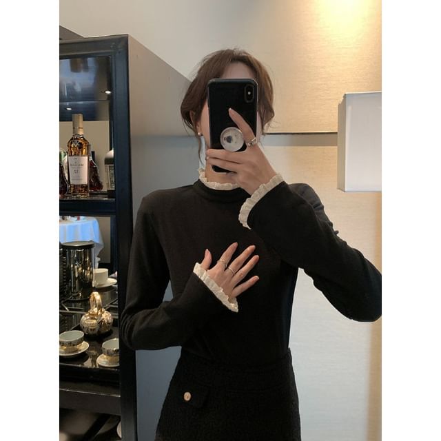 Mock Neck Lace Trim Fitted Bell Sleeve Top