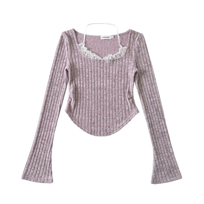 Asymmetrical Ribbed Tee with Flared Sleeves and Scoop Neck
