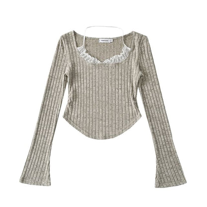 Asymmetrical Ribbed Tee with Flared Sleeves and Scoop Neck