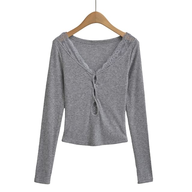 Ribbed V-Neck Knit Top with Lace Trim and Long Sleeves