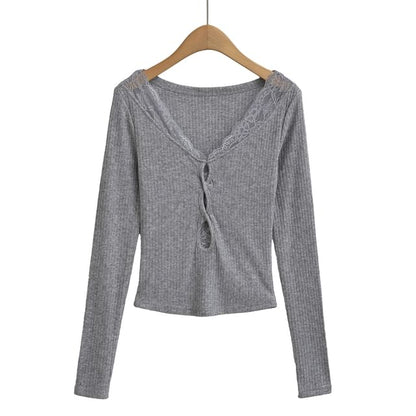 Ribbed V-Neck Knit Top with Lace Trim and Long Sleeves