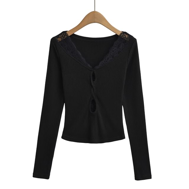 Ribbed V-Neck Knit Top with Lace Trim and Long Sleeves