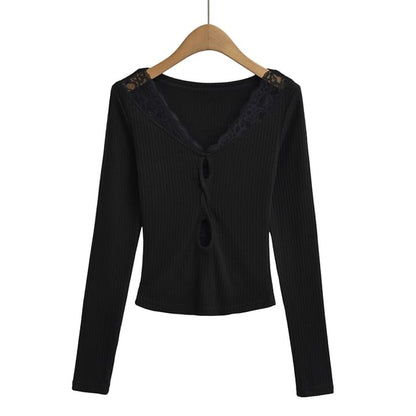 Ribbed V-Neck Knit Top with Lace Trim and Long Sleeves
