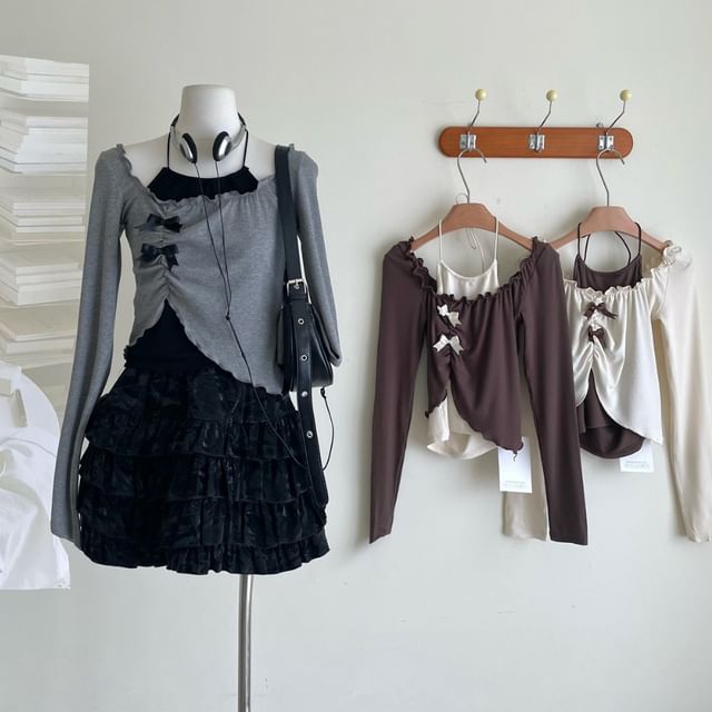 Long-Sleeve Square Neck Asymmetrical Crop Top / Halter Neck Top / Mini A-Line Skirt / Set