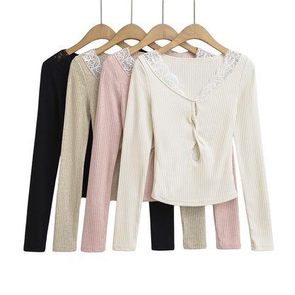 Scoop Neck Ribbed Lace Trim Keyhole Knit Top