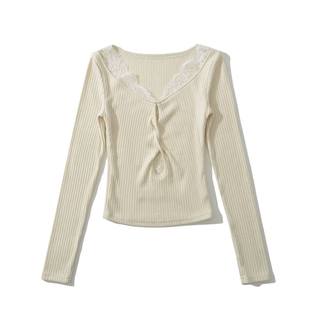 Scoop Neck Ribbed Lace Trim Keyhole Knit Top