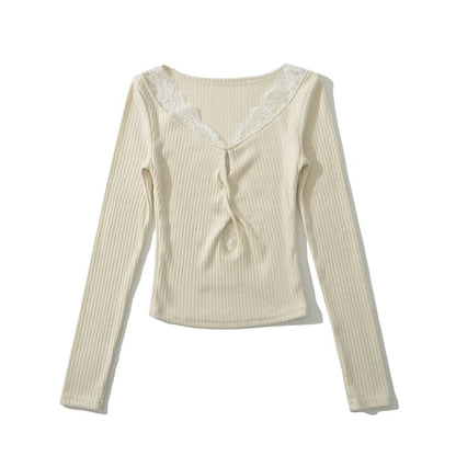 Scoop Neck Ribbed Lace Trim Keyhole Knit Top