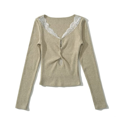 Scoop Neck Ribbed Lace Trim Keyhole Knit Top