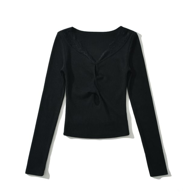 Scoop Neck Ribbed Lace Trim Keyhole Knit Top