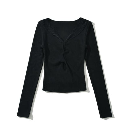 Scoop Neck Ribbed Lace Trim Keyhole Knit Top