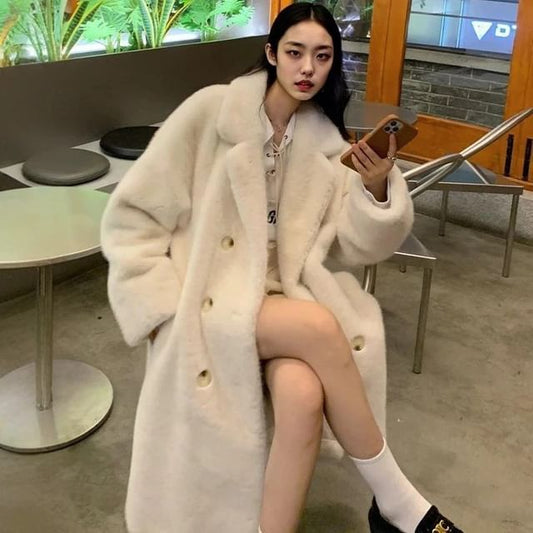 Plain Faux Fur Midi Double-Breasted Coat