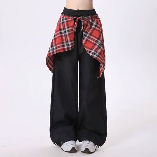 High Rise Mock Two Piece Plaid Panel Loose-Fit Wide-Leg Pants