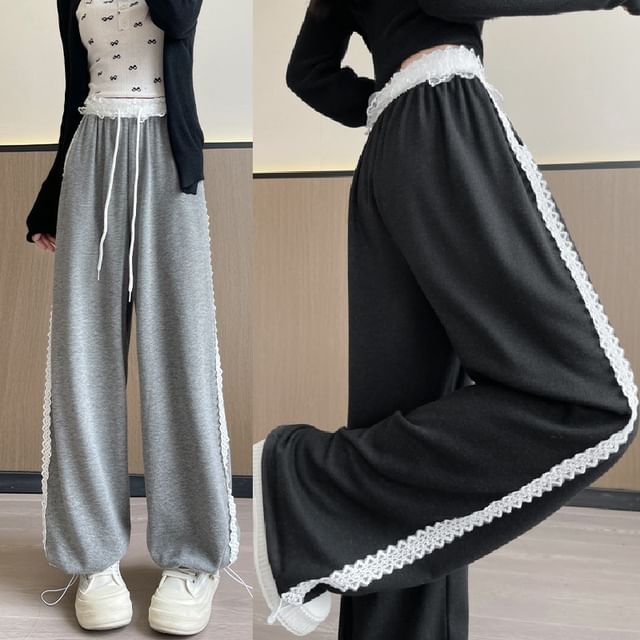 High Waist Lace-Trim Loose-Fit Wide-Leg Pants