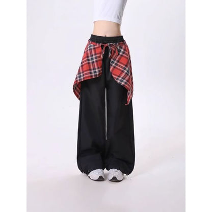 High Rise Mock Two Piece Plaid Panel Loose-Fit Wide-Leg Pants