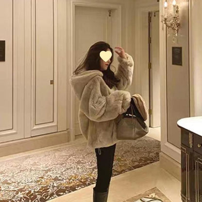 Plain Hooded Oversized Faux Fur Jacket