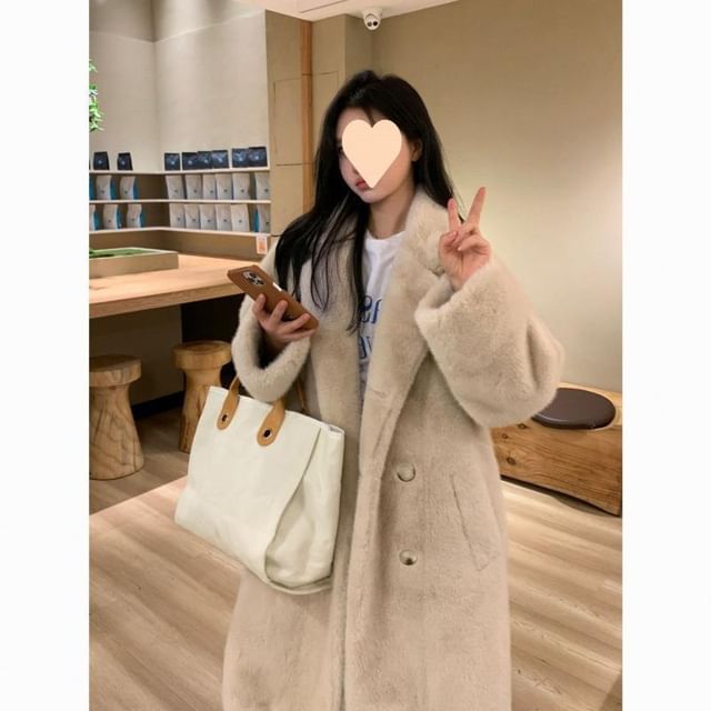 Plain Faux Fur Midi Double-Breasted Coat