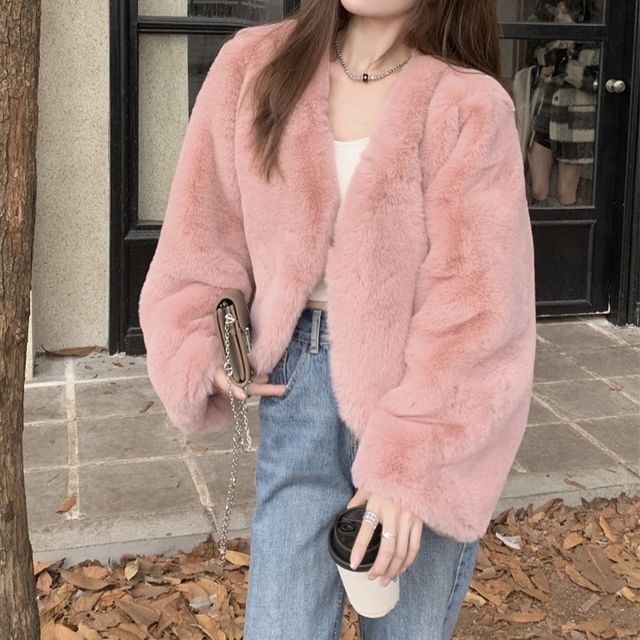 Plain Fluffy Open Front Crop Jacket