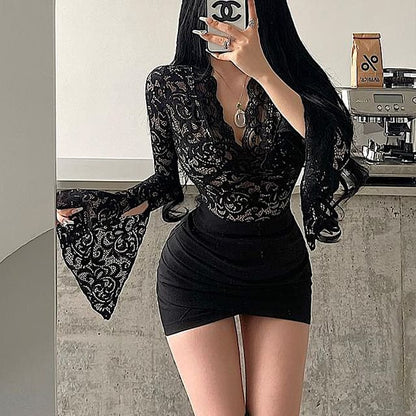 Bell Sleeve V-Neck Top with Lace Accents