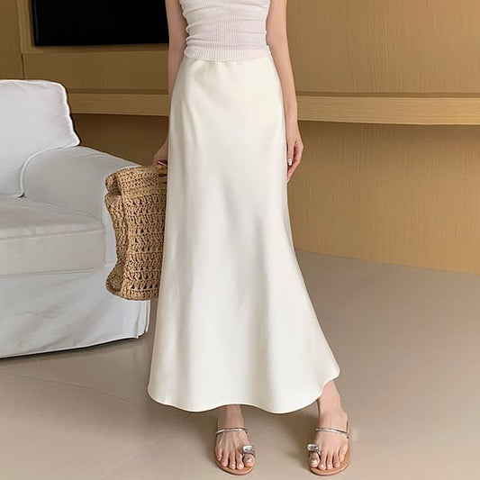 High Waist Satin Solid Maxi Flared Skirt