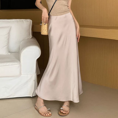 High Waist Satin Solid Maxi Flared Skirt