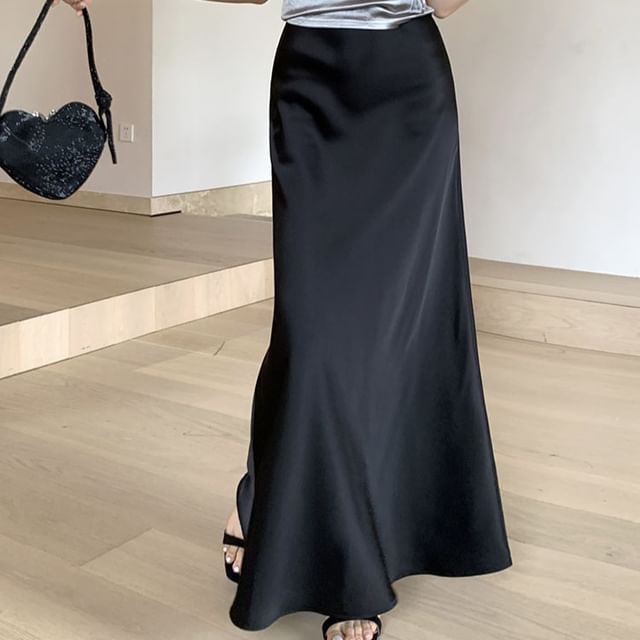 High Waist Satin Solid Maxi Flared Skirt