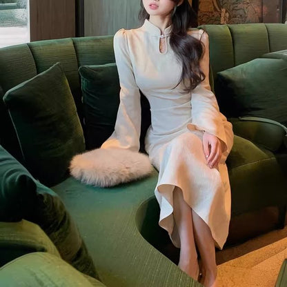 Long Sleeves Mandarin Collar Plain Midi Qipao