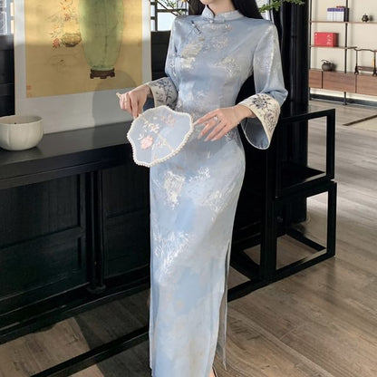 Long Sleeve Mandarin Collar Floral Print Maxi Qipao