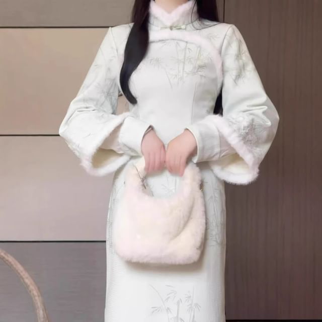 Long Sleeve Stand Collar Fluffy Trim Midi Qipao