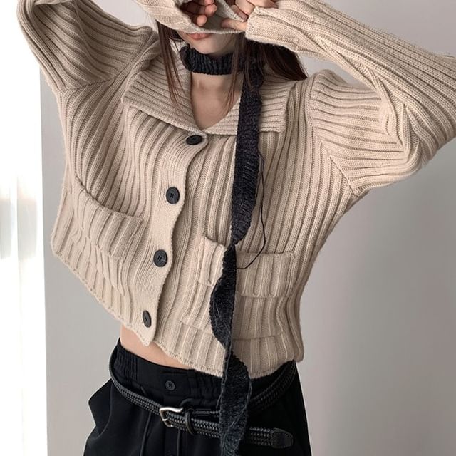 Ribbed Pocket Detail Plain Cardigan