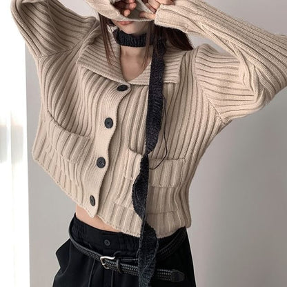 Ribbed Pocket Detail Plain Cardigan