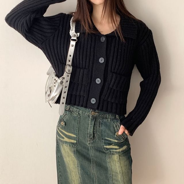 Ribbed Pocket Detail Plain Cardigan