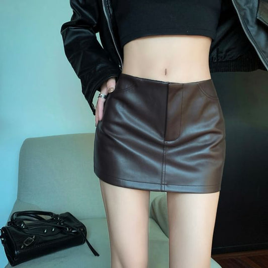 Mid Waist Solid Faux Leather Mini Pencil Skirt