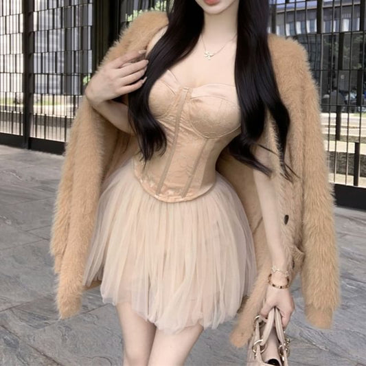 Solid Lace Panel Satin Bustier Top / Elevated Waist Solid Mesh Flared Mini Skirt